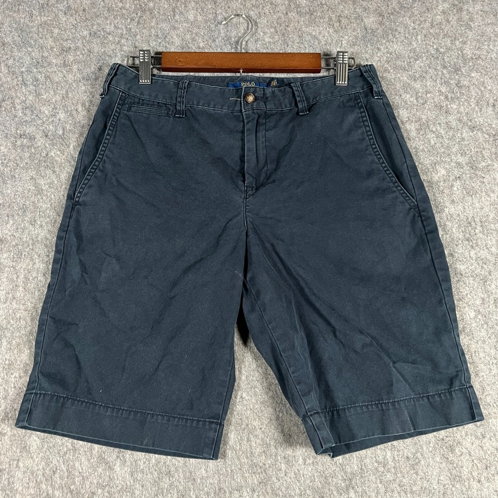 Polo Men's Bermuda Shorts Size 4 Navy Blue Hemmed Flat Front‎ Logo Slash Pocket